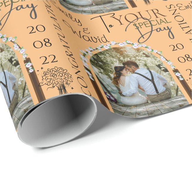 Papier Cadeau Nom et date de la photo personnalisée Mariage élég (Coin rond)