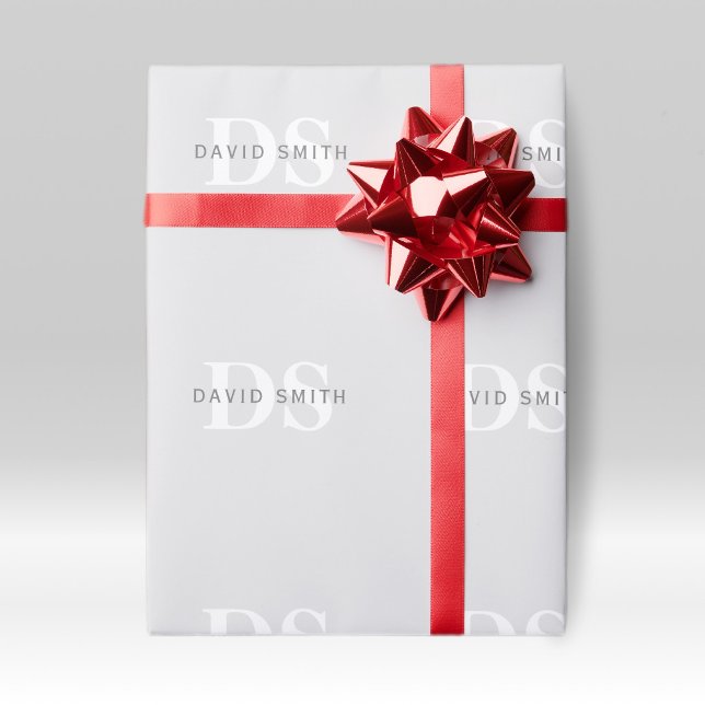 Papier Cadeau Nom et monogramme modernes | Gris clair et blanc f (Créateur téléchargé)