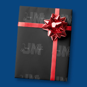 Papier Cadeau Nom et monogramme modernes   Gris et noir