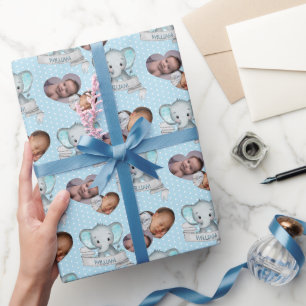 Papier Cadeau Nom et photo personnalisés Elephant Baby Boy Blue