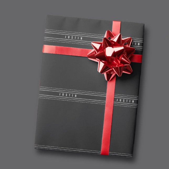 Papier Cadeau Nom modifiable et bandes géométriques | Noir et bl (Créateur téléchargé)