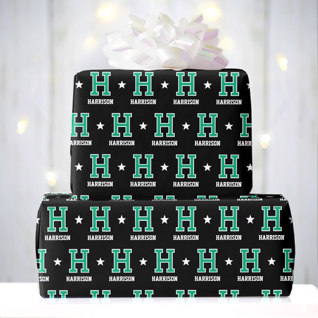 Papier Cadeau Nom monogramme Star Green Black Custom (Créateur téléchargé)