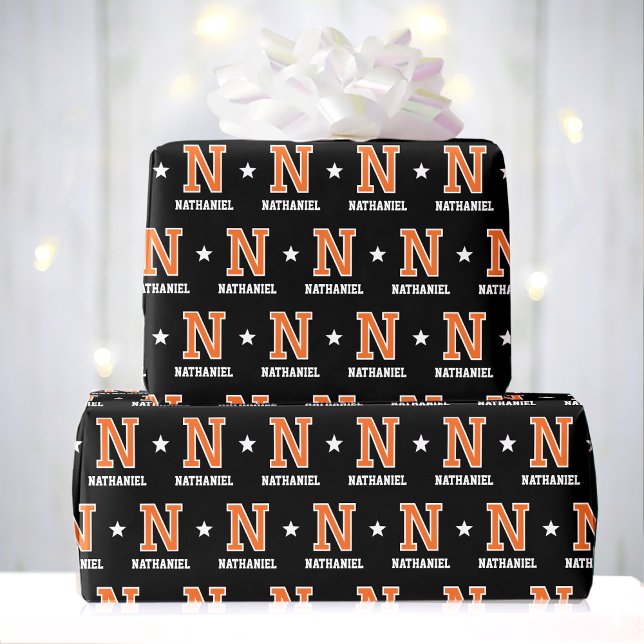 Papier Cadeau Nom monogramme Star Orange Black Custom (Créateur téléchargé)