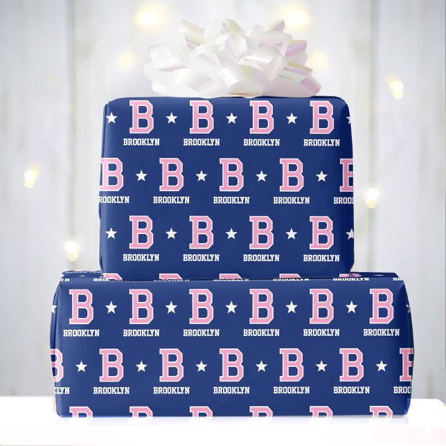 Papier Cadeau Nom monogramme Star Pink Navy Personnalisé (Créateur téléchargé)