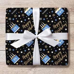 Papier Cadeau Nom personnalisé Âge Anniversaire Gâteau Bleu Noir
