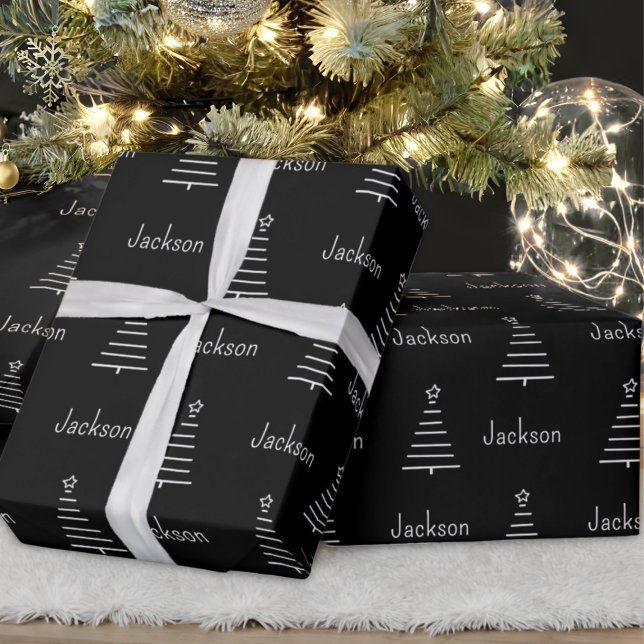 Papier Cadeau Nom personnalisé Arbre de Noël noir et blanc (Créateur téléchargé)