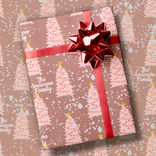 Papier Cadeau Nom personnalisé Arbres de Noël rose sur Mauve M