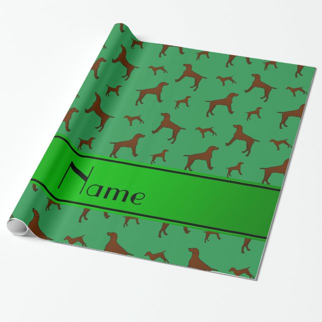 Papier Cadeau Nom personnalisé Chiens Vizsla verts (Déroulé)