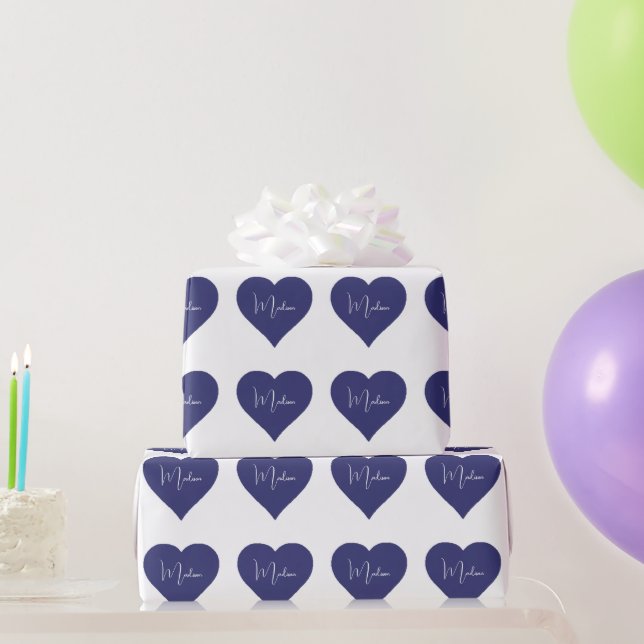 Papier Cadeau Nom personnalisé Coeur bleu foncé personnalisé (Cadeaux de fête)
