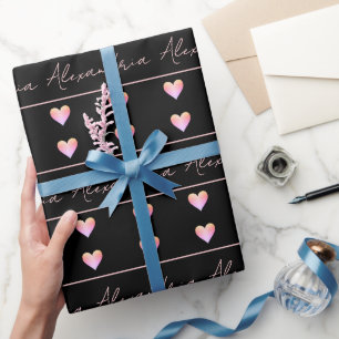 Papier Cadeau Nom Personnalisé Cœur Noir