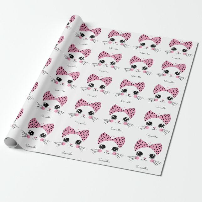 Papier Cadeau Nom personnalisé Cute face de chat (Déroulé)