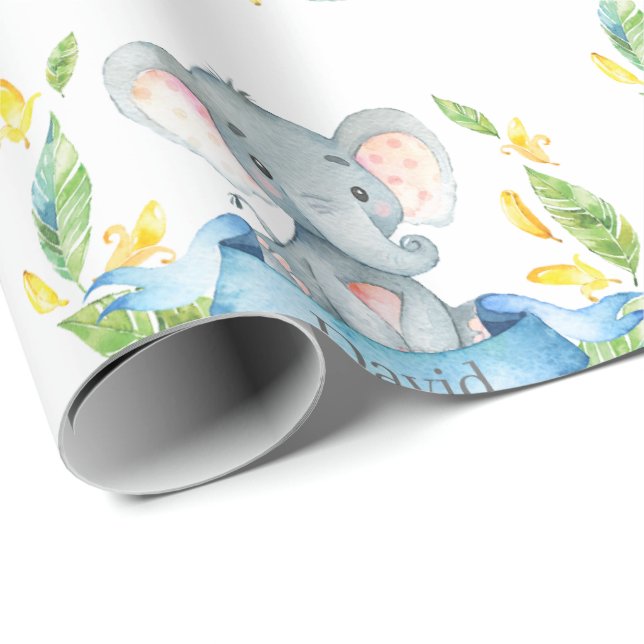 Papier Cadeau Nom personnalisé Elephant Baby Boy Bleu et gris (Coin rond)