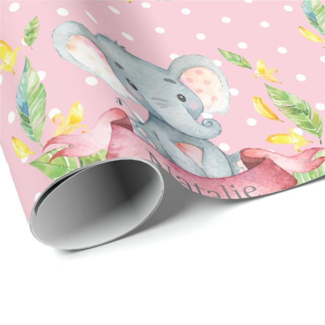 Papier Cadeau Nom personnalisé Eléphant Baby Girl rose et gris (Coin rond)