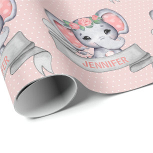 Papier Cadeau Nom personnalisé Eléphant Baby Girl rose & Grey