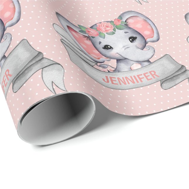 Papier Cadeau Nom personnalisé Eléphant Baby Girl rose & Grey (Coin rond)