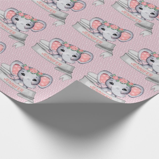 Papier Cadeau Nom personnalisé Elephant Baby Girl Rose & Grey W (Coin)