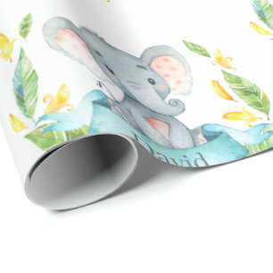 Papier Cadeau Nom personnalisé Eléphant Baby Turquoise et gris