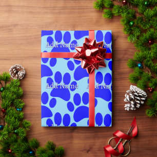 Papier Cadeau Nom personnalisé Empreinte de patte de chien bleu