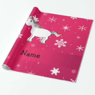 Papier Cadeau Nom personnalisé flocon de neige rose licorne