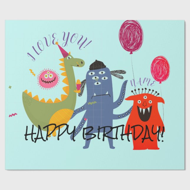 Papier Cadeau NOM PERSONNALISÉ HAPPY MONSTER BIRTHDAY Wrapping P (Plat)