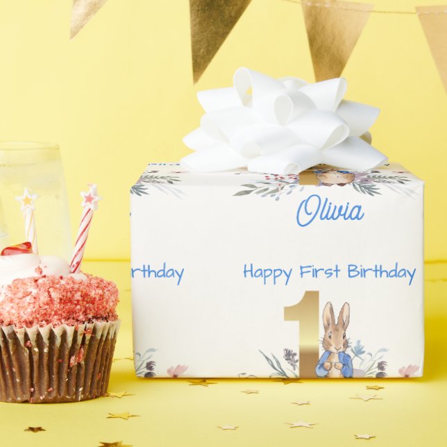 Papier Cadeau Nom personnalisé Lapin classique Premier anniversa (Fête d'anniversaire)