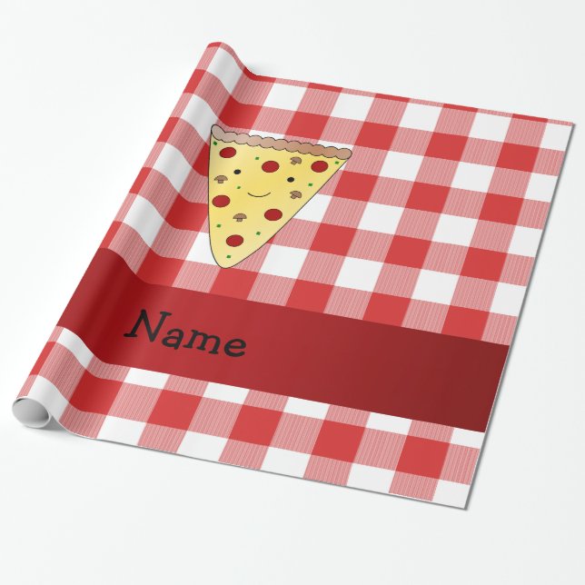 Papier Cadeau Nom personnalisé mignon pizza rouge à damiers (Déroulé)