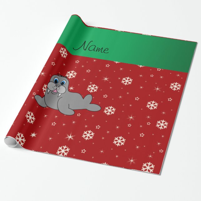 Papier Cadeau Nom personnalisé morse de flocon rouge (Déroulé)