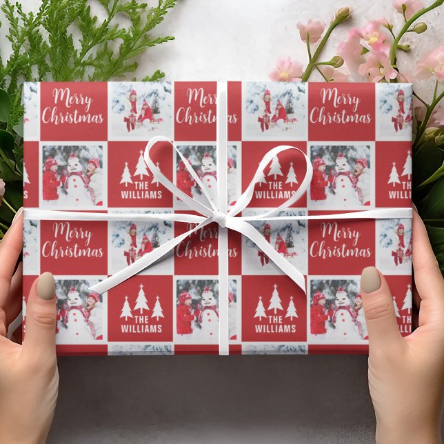 Papier Cadeau Nom personnalisé Motif photo Rouge Joyeux Noël (Custom Name Photo Pattern Red Merry Christmas Wrapping Paper
)