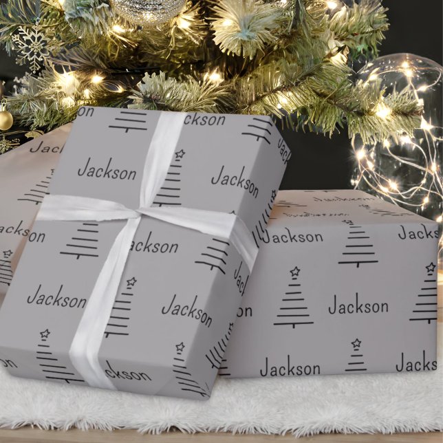 Papier Cadeau Nom personnalisé Noël Arbre gris Cadeau (Créateur téléchargé)