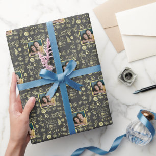 Papier Cadeau Nom personnalisé Photo Florale Typographie Anniver