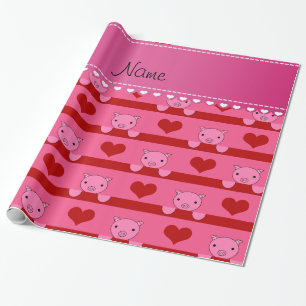 Papier Cadeau Nom personnalisé porc rose rouge coeurs rayures