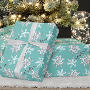 Papier Cadeau Nom personnalisé Silver Snowflake cadeau Turquoise