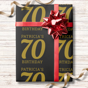 Papier Cadeau Nom personnalisé Texte noir et or 70e anniversaire