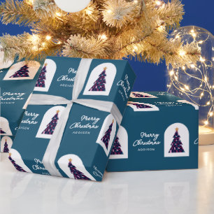 Papier Cadeau Nom personnalisé Turquoise À damiers sapin de Noël