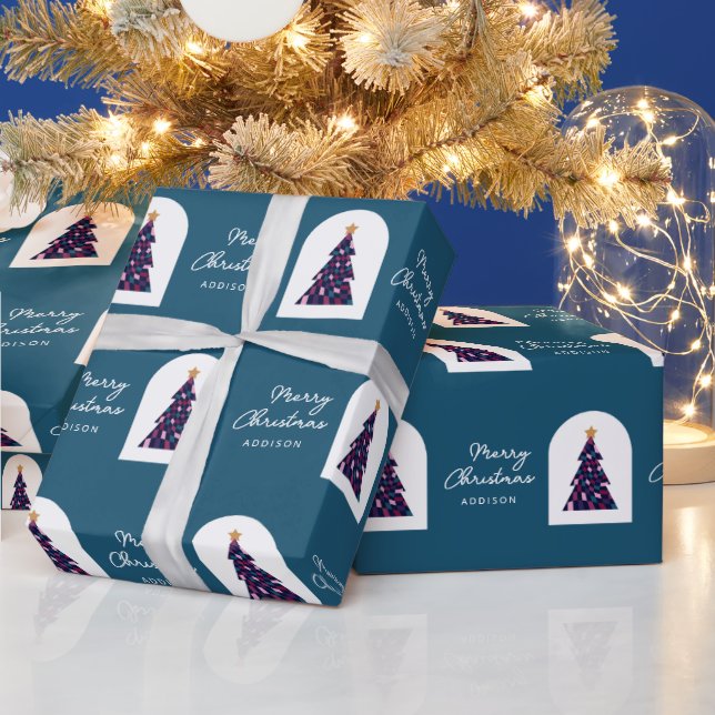 Papier Cadeau Nom personnalisé Turquoise À damiers sapin de Noël (Vacances)