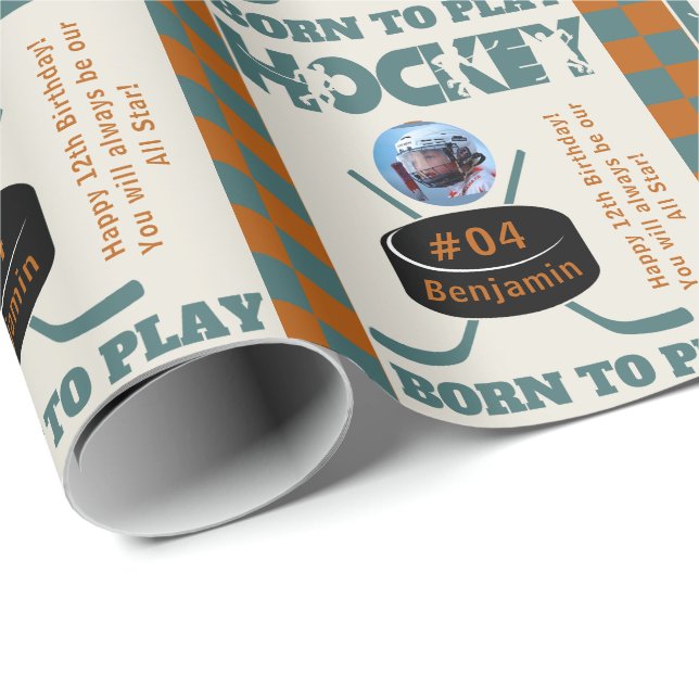 Papier Cadeau Nom Photo Age Jersey Numéro Sentiment Hockey (Coin rond)