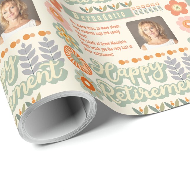 Papier Cadeau Nom Photo Texte Message Retro Daisy Retraite (Coin rond)