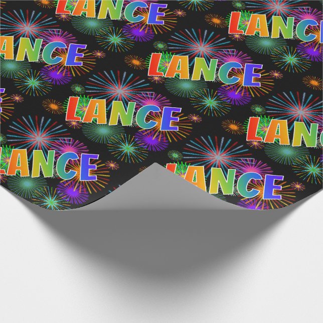 Papier Cadeau Nom prénom Arc-en-ciel "LANCE" + Feux d'artifice (Coin)