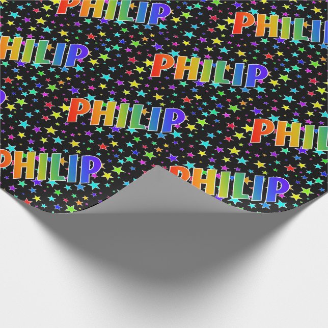 Papier Cadeau Nom prénom Arc-en-ciel "PHILIP" + Étoiles (Coin)