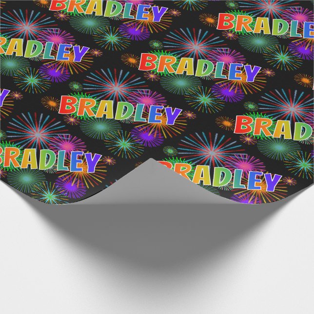 Papier Cadeau Nom prénom "BRADLEY" + Feux d'artifice (Coin)