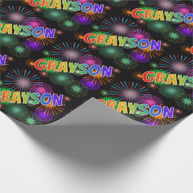 Papier Cadeau Nom prénom "GRAYSON" + Feux d'artifice (Coin)