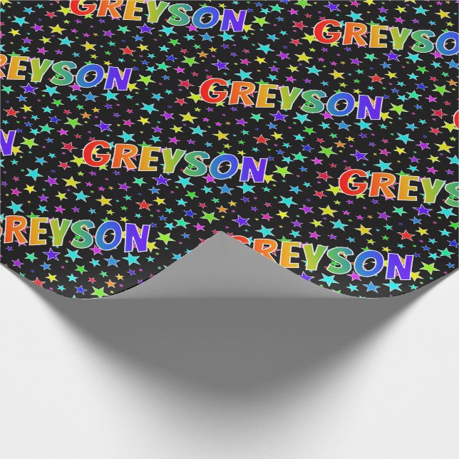Papier Cadeau Nom prénom "GREYSON" + Étoiles Arc-en-ciel (Coin)