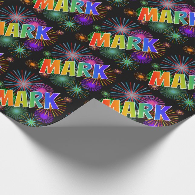 Papier Cadeau Nom prénom "MARK" + Feux d'artifice arc-en-ciel (Coin)