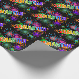 Papier Cadeau Nom prénom "SAMANTHA" + Feux d'artifice arc-en-cie