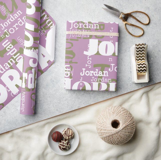 Papier Cadeau Nom répété Lilac Vert Blanc Blanc Moderne Neutres (Artisanat)