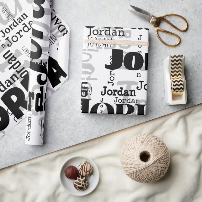 Papier Cadeau Nom répétitif Black Grey Blanc Moderne Neutrals (Artisanat)