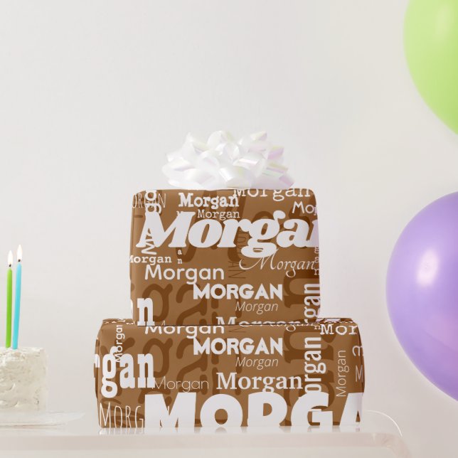 Papier Cadeau Nom répétitif Brown blanc Neutres Police moderne (Cadeaux de fête)