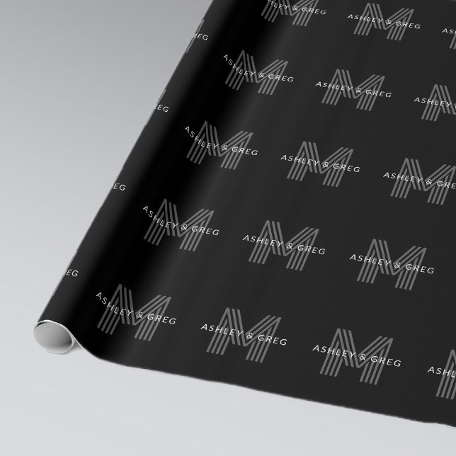 Papier Cadeau Nom rétro moderne / monogramme modifiable noir et  (Créateur téléchargé)