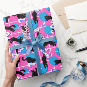 Papier Cadeau Nom rétro Pink Geometry Memphis Chats Motifs