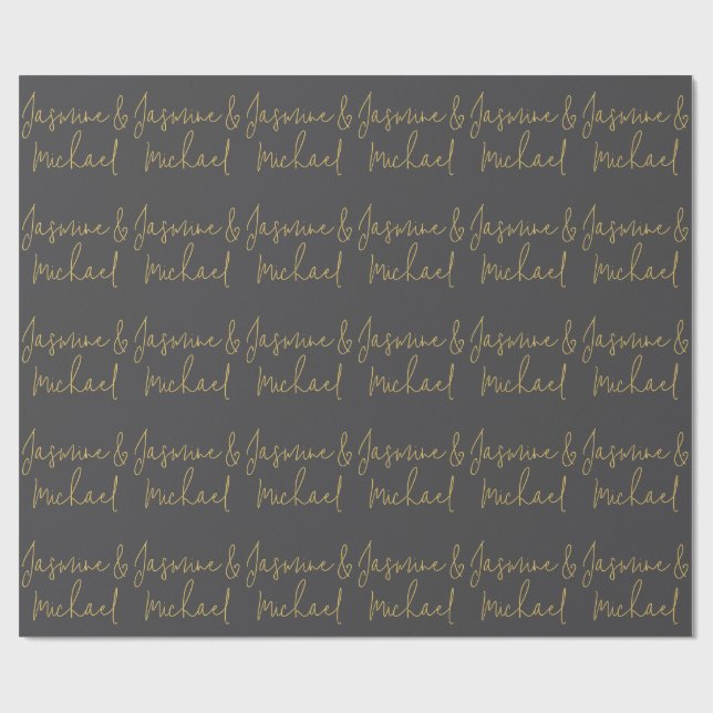 Papier Cadeau Noms de couple de calligraphie chic gris et or (Plat)
